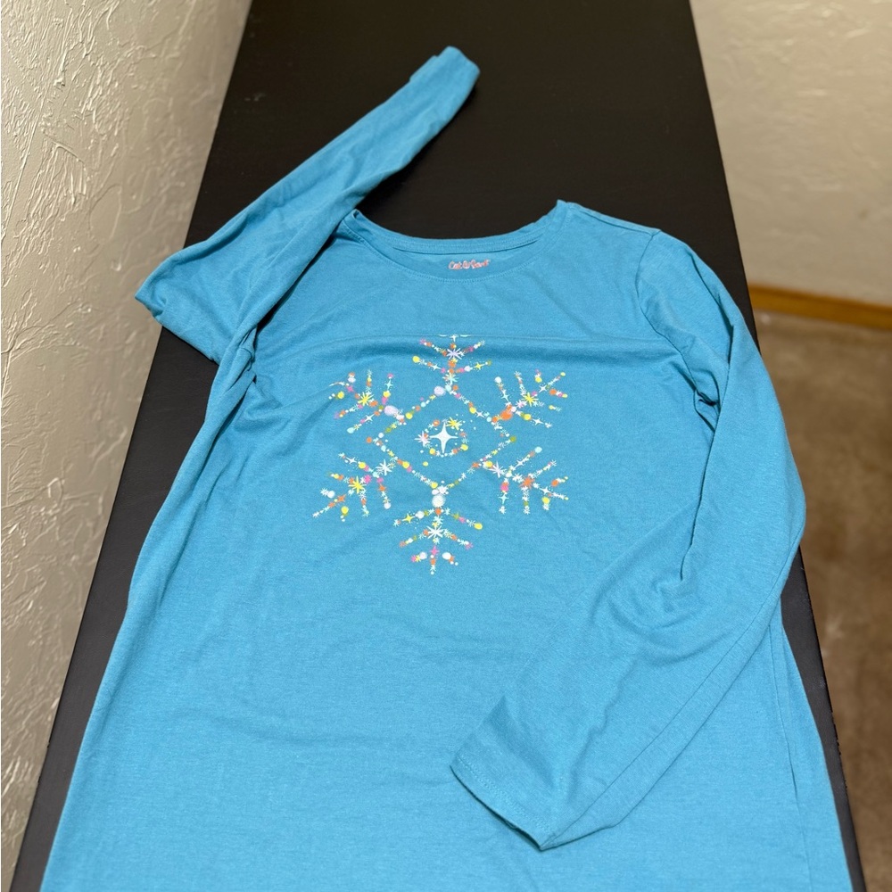 Cat & Jack Teal Blue Long Sleeve Sniwflake Graphic T-Shirt Girls XXL